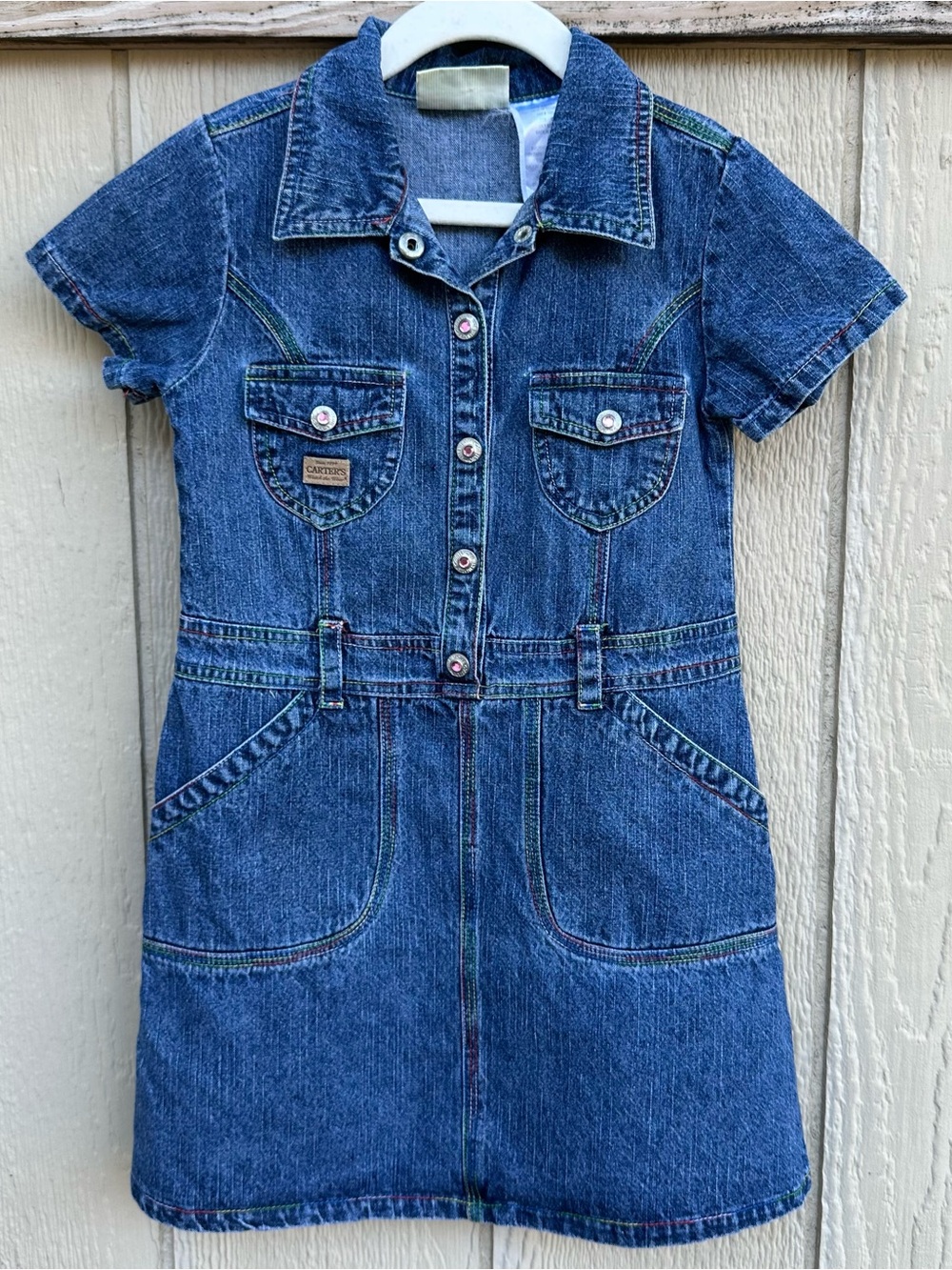 Carter's Watch the Wear Denim Snap-Front Dress with multicolored seams - size 6
